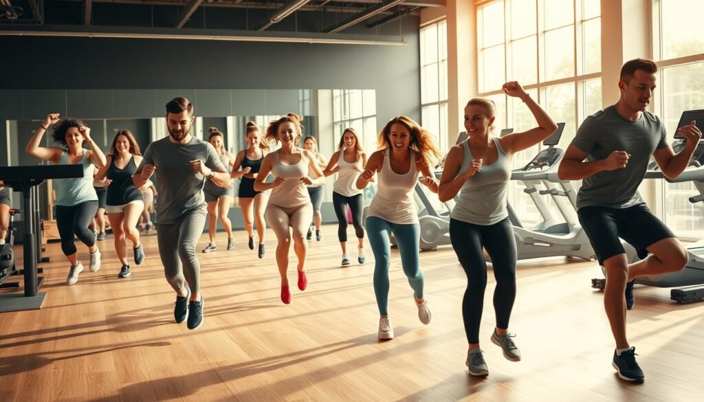 A lively scene of aerobic exercises in a well-lit, modern fitness studio. In the foreground, a group of people performing a variety of dynamic movements like jumping jacks, high knees, and burpees, their expressions determined and bodies in motion. The middle ground features individuals using resistance bands and doing lunges and squats, while the background showcases a range of cardio equipment like treadmills and stationary bikes. The overall atmosphere is energetic and upbeat, with warm, natural lighting casting a healthy glow over the active participants. The image conveys the physical and mental benefits of aerobic activities for neurological health and longevity.