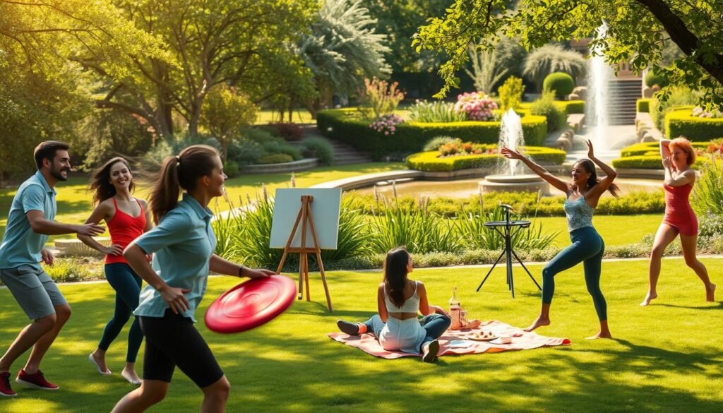 A lively scene of creative leisure activities set in a vibrant, sun-dappled outdoor setting. In the foreground, a group of friends engaging in a spirited game of frisbee, their laughter and joy radiating through the frame. The middle ground features a mix of dynamic pursuits - a couple playfully painting on easels, a group playing a board game on a picnic blanket, and a person practicing gentle yoga poses. In the background, a tranquil park or garden oasis with lush greenery, flowers, and a shimmering pond or fountain, creating a serene and inspirational atmosphere. Soft, warm lighting filters through the scene, evoking a sense of rejuvenation and well-being.