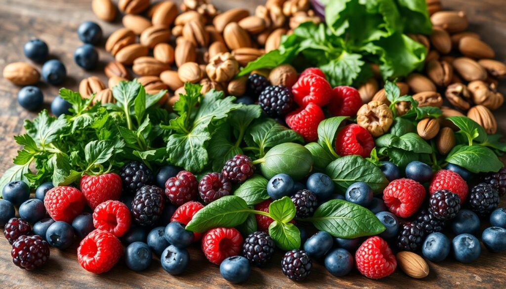 A lush, vibrant still life showcasing an array of nutrient-rich antioxidant-dense foods. In the foreground, a mix of fresh berries - blueberries, raspberries, and blackberries - spill across a rustic wooden surface, their jewel-toned hues glistening under soft, natural light. In the middle ground, an assortment of leafy greens - kale, spinach, and arugula - frame the bounty, their verdant leaves adding a burst of verdant vitality. In the background, a scattering of walnuts, almonds, and pecans, their earthy tones and intricate textures complementing the overall scene. The image evokes a sense of health, vibrancy, and the restorative power of nature's most nutrient-dense offerings.