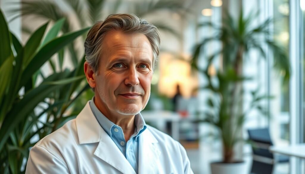 A middle-aged man with kind eyes, Dr. Jo Furlan, stands before a backdrop of lush greenery and a modern office setting. He is dressed in a crisp, white lab coat, conveying an air of authority and expertise. Soft, directional lighting illuminates his face, highlighting his warm, approachable demeanor. The composition captures Furlan in a contemplative pose, as if deep in thought about the importance of longevity and productivity. The scene exudes an atmosphere of intellectual curiosity and a dedication to improving the human condition, reflecting his pioneering work in the field of longevity research in Brazil.