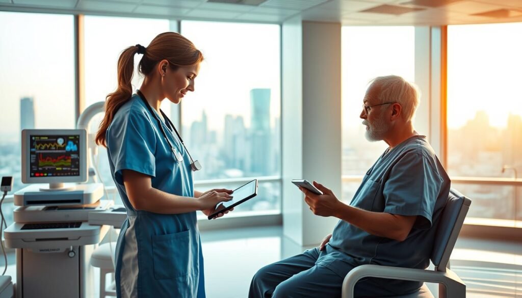 A modern hospital room bathed in warm, natural lighting. In the foreground, a nurse interacts with a patient on a touchscreen tablet, seamlessly integrating technology into their care. The middle ground features cutting-edge medical equipment, displaying real-time data and diagnostics. In the background, a panoramic window overlooks a bustling city skyline, symbolizing the integration of technology and urban healthcare. The scene conveys a sense of efficiency, empowerment, and the transformative role of technology in improving patient outcomes and enhancing the medical experience.