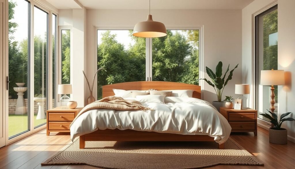 A peaceful, serene bedroom filled with natural light from large windows overlooking a lush, verdant garden. Crisp, white bedding and soft textiles in calming, neutral tones create a tranquil atmosphere. An elegant, wooden headboard frames the bed, complemented by tasteful nightstands adorned with minimalist lamps. Warm, diffused lighting from a central pendant fixture casts a gentle glow, evoking a sense of relaxation. Potted plants and a soft, woven rug add organic touches, while the overall composition exudes simplicity and balance - an ideal environment for restorative, high-quality sleep.