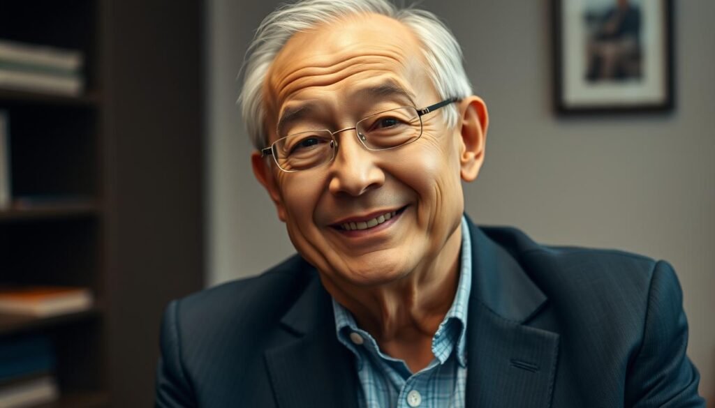 A portrait of Dr. Jô Fô Furlan, a distinguished-looking man in his late 50s, wearing a smart blazer and collared shirt. His expression is warm and friendly, with a hint of intellectual curiosity. Soft, directional lighting illuminates his face, casting subtle shadows that accentuate his features. The background is a tasteful, muted office setting, suggesting a professional, academic environment. The composition places the subject in the center, with a slight tilt to create a dynamic, engaging pose. The overall mood is one of confidence, expertise, and approachability, befitting the renowned longevity expert featured in the article.
