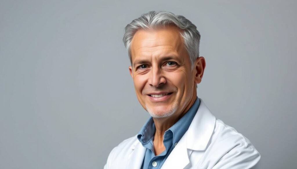 A portrait of Dr. Jo Furlan, a distinguished medical researcher and physician, in a thoughtful pose. He is dressed in a crisp white lab coat, his face exuding an air of intelligence and compassion. The lighting is soft and flattering, illuminating the details of his features - his piercing gaze, neatly trimmed greying hair, and warm, welcoming expression. The background is a clean, neutral tone, allowing the subject to take center stage. The composition is balanced, with Dr. Furlan positioned slightly off-center, creating a sense of dynamism. The overall mood is one of professionalism, expertise, and a dedication to improving the health and well-being of others.