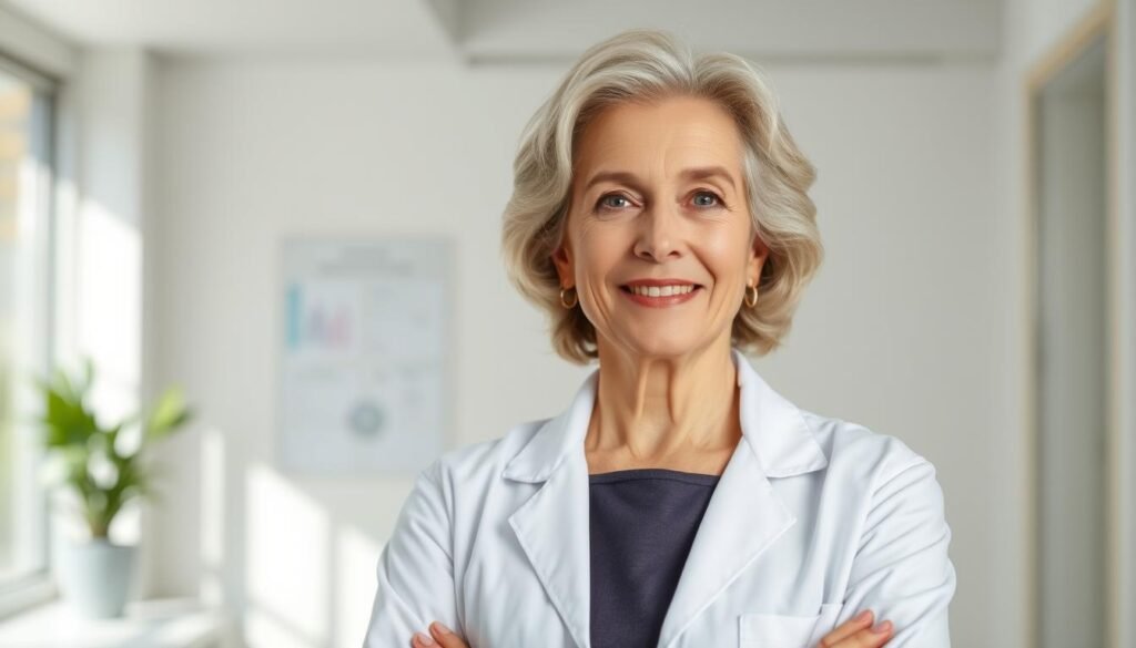 A portrait of Dr. Jo Furlan, a distinguished physician and researcher specializing in longevity and productive aging. Depicted in a thoughtful, professional pose, with a warm and reassuring expression. Dressed in a crisp white lab coat, standing in a bright, airy medical office setting. The lighting is soft and directional, creating gentle shadows that accentuate the subject's features. The background is blurred, keeping the focus on Dr. Furlan's confident, authoritative presence. An air of expertise and compassion emanates from the image, reflecting the pioneering work of this leading expert in the field of mental health and longevity.