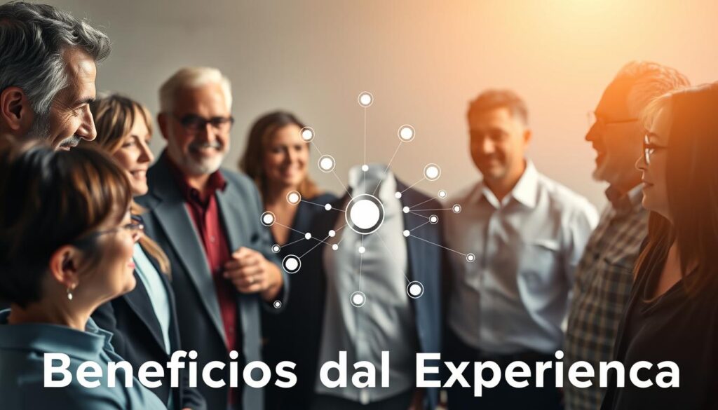A professional network of seasoned executives, illuminated by warm studio lighting, captured with a shallow depth of field. In the foreground, a diverse group of individuals engaged in animated discussions, their experienced faces and confident body language conveying the value of their extensive careers. The middle ground features a central hub of interconnected contacts, represented by interlinking lines and nodes, symbolizing the power of professional connections. The background softly fades into a neutral, clean backdrop, allowing the focus to remain on the meaningful interactions taking place. An atmosphere of collaboration, wisdom, and expertise permeates the scene, reflecting the "Benefícios da Experiência" section of the article.