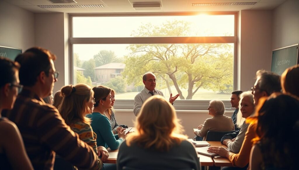 A serene academic scene, featuring a vibrant, sun-lit classroom. In the foreground, a group of students of diverse ages and backgrounds engaged in lively discussion, their faces alight with intellectual curiosity. Midground, a revered professor stands before a chalkboard, gesturing animatedly as they share insights on the nature of longevity and healthy aging. The backdrop depicts a panoramic view of a verdant campus, trees swaying gently in the breeze, conveying a sense of tranquility and timelessness. Warm, diffused lighting casts a soft, contemplative glow, enhancing the atmosphere of thoughtful inquiry. The overall composition evokes a harmonious synthesis of education, wisdom, and the pursuit of a fulfilling, long life.