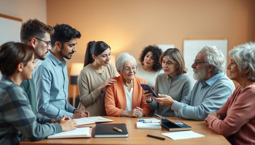 A serene and contemplative scene depicting various communication strategies for different age groups. In the foreground, a group of diverse individuals, from young to elderly, engaged in thoughtful discussions, gesturing and expressing themselves with their bodies. The middle ground showcases a mix of traditional and modern communication tools, such as notebooks, smartphones, and whiteboards, highlighting the evolving nature of communication. The background features a warm, softly-lit environment, with a sense of tranquility and introspection, conveying the importance of effective communication across the lifespan. The overall composition suggests the interplay between age, technology, and the art of human connection.