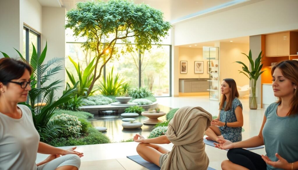 A serene and tranquil healthcare facility, with a welcoming and calming atmosphere. In the foreground, a group of people engaged in mindfulness exercises, their expressions serene and focused. The middle ground features a lush, natural garden with soothing water features, providing a peaceful respite. The background showcases modern, well-equipped therapy rooms, bathed in warm, natural lighting. The overall scene conveys a holistic approach to mental health, emphasizing prevention, self-care, and personalized care. The image should inspire a sense of hope, resilience, and a commitment to lifelong wellbeing.