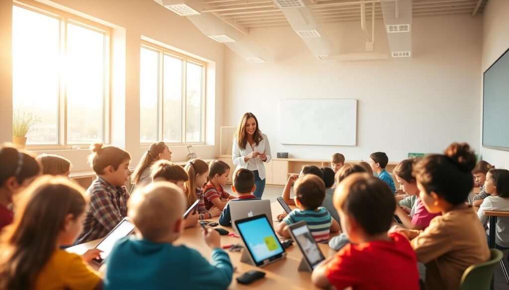 A serene classroom filled with bright, engaged students interacting with digital devices. The teacher, standing amidst the class, guides them through interactive lessons, fostering a collaborative, tech-savvy learning environment. Warm, natural lighting filters in through large windows, creating a welcoming atmosphere. The room's clean, modern design reflects the forward-thinking nature of digital education. Carefully curated educational technology, from tablets to coding stations, enables students to explore, create, and expand their knowledge. An atmosphere of curiosity and exploration permeates the scene, highlighting the importance of digital literacy in the 21st century.