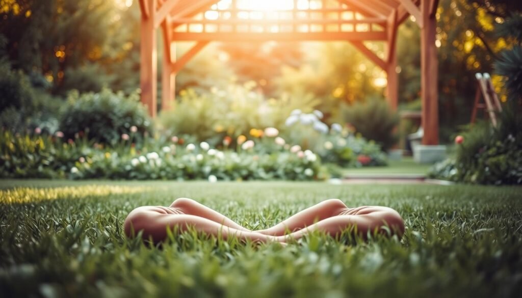 A serene garden setting, where a person sits cross-legged on the grass, disconnected from digital devices. The foreground depicts the person's hands resting on their lap, their gaze focused inward. The middle ground features lush greenery, with a variety of plants and flowers in soft, muted tones. In the background, a wooden structure, such as a pavilion or gazebo, provides a natural frame, bathed in warm, diffused sunlight. The scene conveys a sense of tranquility and mindfulness, encouraging the viewer to find moments of disconnection and contemplation in their daily lives.