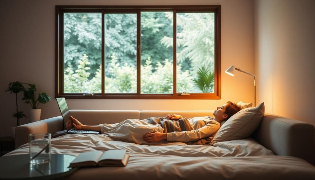 A serene home office scene, where a person is resting comfortably on a plush couch, laptop open but untouched. Warm, diffused lighting creates a peaceful atmosphere, casting a soft glow on the minimalist decor. In the foreground, a bedside table holds a glass of water and a book, suggesting a balance between productivity and restorative rest. The middle ground features a large, framed window overlooking a lush, verdant garden, emphasizing the importance of connecting with nature for mental clarity and well-being. The background showcases clean, uncluttered walls, promoting a sense of calm and focus. The overall scene conveys the harmony between productive work and the rejuvenating power of quality sleep.
