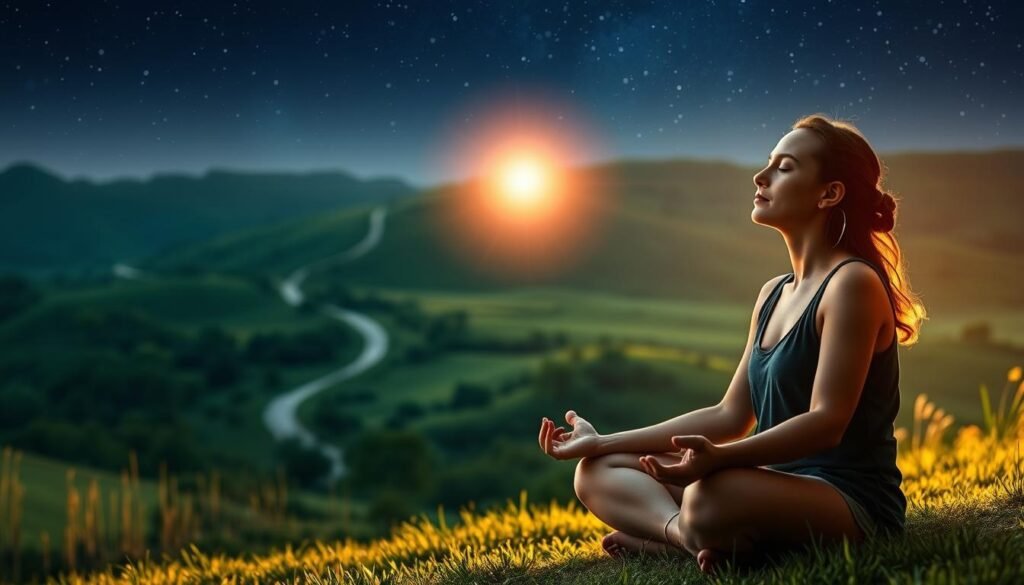 A serene, introspective scene depicting the relationship between mental health and life purpose. In the foreground, a person sits cross-legged, eyes closed in meditation, their face radiating a sense of calm and focus. Behind them, a lush, verdant landscape unfolds, with a winding path leading into the distance, representing the journey of self-discovery. The lighting is soft and diffused, creating a warm, contemplative atmosphere. In the middle ground, a glowing orb of light hovers, symbolizing the connection between inner peace and one's life purpose. The background features a starry night sky, suggesting the vastness and interconnectedness of the universe. The overall composition conveys a sense of balance, harmony, and the pursuit of a meaningful existence.