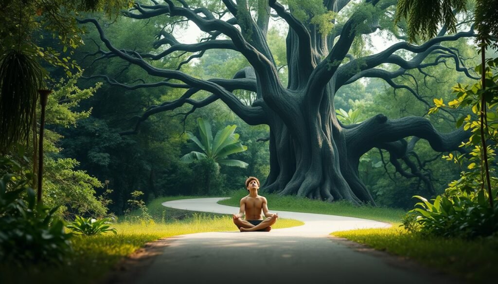 A serene, introspective scene set against a backdrop of lush, verdant foliage. In the foreground, a lone individual sits cross-legged, deep in contemplation, their face uplifted, as if seeking guidance from the heavens. The lighting is soft and diffused, creating a contemplative, almost ethereal atmosphere. The figure's posture conveys a sense of inner peace and focus, representing the continuous process of discovering and cultivating one's life purpose. The mid-ground features a gently winding path, symbolizing the journey of self-discovery, while the background is dominated by a towering, ancient tree, its branches reaching skyward, a visual metaphor for the growth and evolution of one's purpose over time.