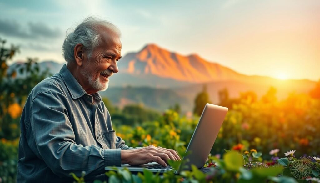 A serene landscape depicting the concept of "Longevidade Produtiva". In the foreground, an elderly person working diligently on a laptop, their face radiating a sense of purpose and fulfillment. The middle ground showcases a thriving garden, lush with vibrant flora, symbolizing the vitality and fruitfulness of a life well-lived. In the background, a picturesque mountain range bathed in warm, golden light, evoking a sense of timelessness and the enduring nature of a productive longevity. The scene is illuminated by soft, diffused lighting, creating a calming and inspiring atmosphere. The composition emphasizes the harmony between the individual, nature, and the passage of time, encapsulating the essence of "Longevidade Produtiva".