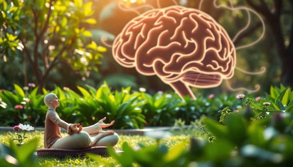 A serene meditation garden in the foreground, with a person sitting in a lotus position, eyes closed, hands in a mudra. In the middle ground, vibrant green leaves and flowers, creating a tranquil ambiance. The background features a brain-shaped landscape, with neural pathways illuminating the connection between mindfulness and neurowellness. Soft, natural lighting casts a warm glow, enhancing the overall sense of calm and focus. The composition evokes a harmonious balance between the inner and outer realms, highlighting the profound impact of mindfulness practices on cognitive function and overall well-being.