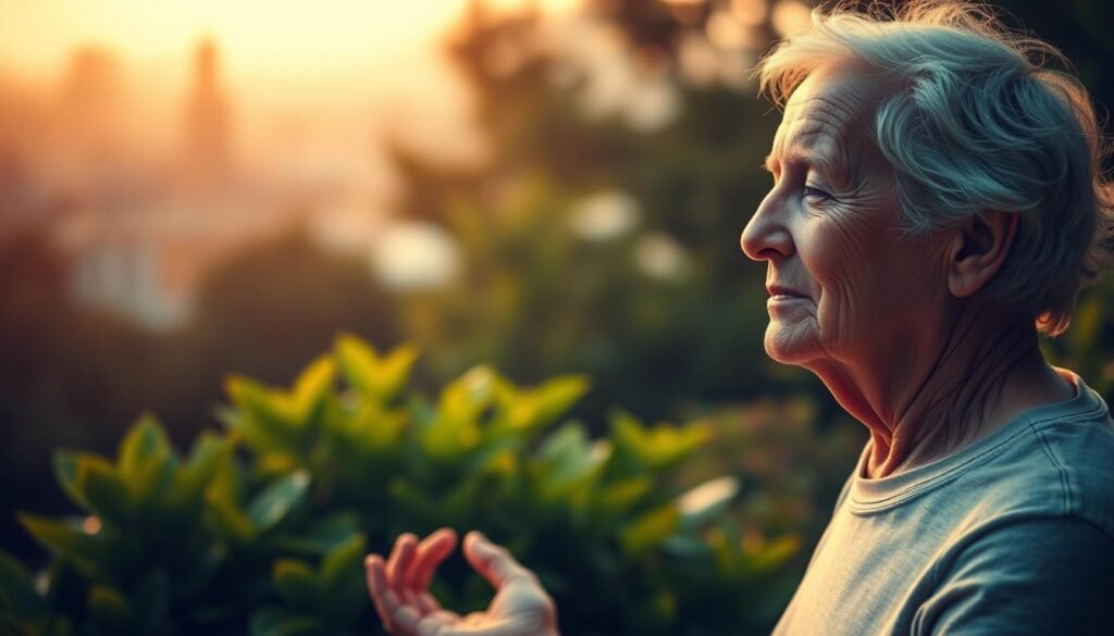 A serene, tranquil scene depicting the importance of mental health for a healthy brain in the golden years. In the foreground, an elderly person meditating peacefully, their face radiating a sense of calm and inner balance. The middle ground showcases vibrant, verdant foliage, symbolizing the flourishing of the mind. In the background, a softly blurred cityscape serves as a reminder of the world beyond, yet the focus remains on the individual's mental well-being. Warm, golden lighting imbues the scene with a sense of comfort and contentment. Captured with a shallow depth of field, drawing the viewer's attention to the central figure and their mental state. An image that visually conveys the importance of psychological care for a healthy brain in the later stages of life.