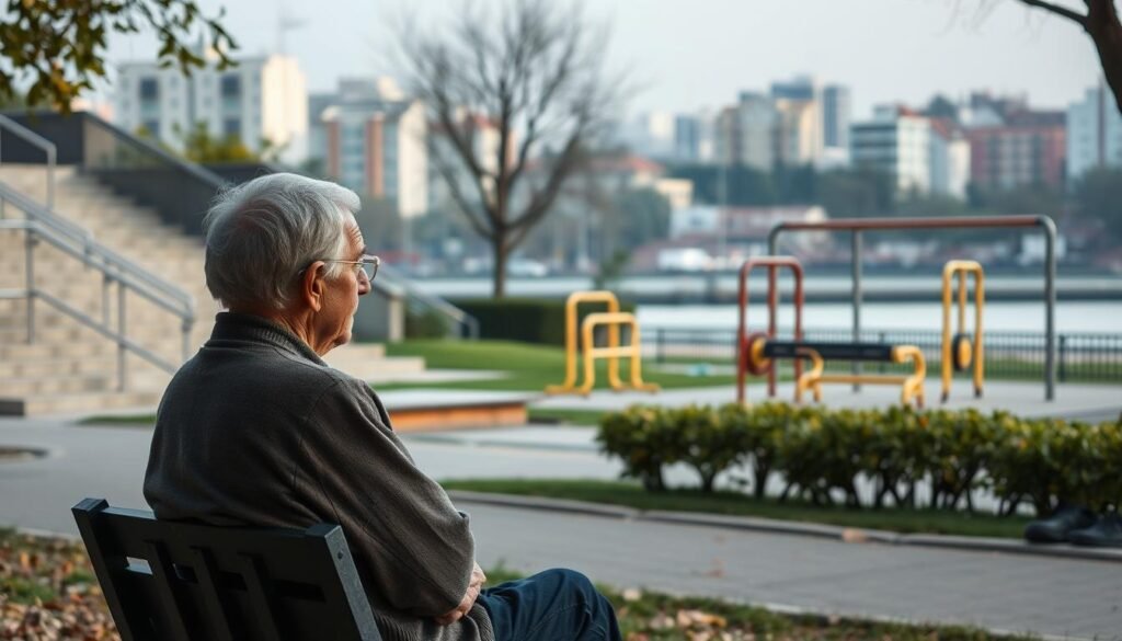 A serene yet pensive scene of an elderly person contemplating the various physical and psychological barriers that hinder their ability to engage in regular physical activity. The foreground depicts an older adult sitting on a park bench, their gaze downcast as they wrestle with the challenges of maintaining an active lifestyle. The middle ground features a mix of obstacles, such as steep stairs, uneven terrain, and a lack of accessible exercise equipment. The background showcases a tranquil urban landscape, with buildings and greenery serving as a reminder of the potential for a more active, fulfilling life. The scene is bathed in soft, diffused lighting, evoking a sense of contemplation and introspection. The overall mood is one of introspection and the desire to overcome the barriers to physical activity.