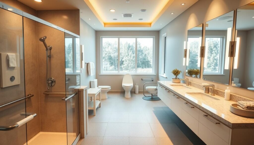 A spacious, well-lit bathroom with modern, accessible fixtures and design features. In the foreground, a large, walk-in shower with a textured, non-slip floor and grab bars along the walls. A wide vanity with a sink and ample counter space, illuminated by sleek, recessed lighting. In the middle ground, a generously sized toilet with a raised seat and safety rails. The background features large windows that flood the room with natural light, creating a warm, spa-like ambiance. The color palette is a soothing blend of neutral tones, with accents of soft blues and greens. Overall, the image conveys a sense of comfort, safety, and functionality, catering to the needs of senior residents.