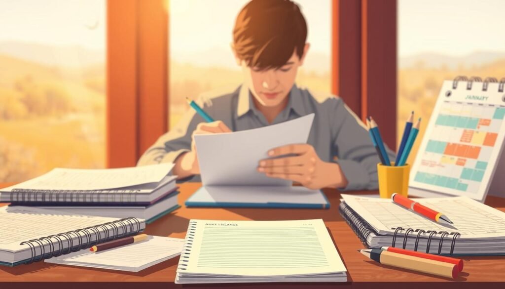 A stylized illustration of practical life planning tools, captured in a warm, contemplative atmosphere. In the foreground, various stationery items like notebooks, pens, and a desk calendar are neatly arranged, conveying a sense of organized productivity. In the middle ground, a person's hands are seen thoughtfully sketching or writing, their face obscured to focus attention on the planning process. The background features a softly blurred landscape, with gentle lighting suggesting a peaceful, introspective setting. The overall scene evokes a mood of purposeful introspection and the systematic implementation of life planning strategies.