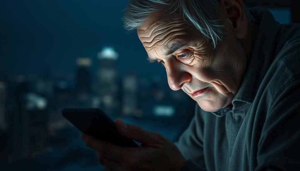A tense, somber scene of an elderly person hunched over a smartphone, eyes strained and fatigued. Harsh, overhead lighting casts sharp shadows, emphasizing the sense of isolation and detachment. In the background, a blurred cityscape suggests the overwhelming presence of technology in modern life. The subject's posture conveys the physical strain and mental exhaustion of being hyper-connected, highlighting the health risks for seniors in a rapidly digitizing world.