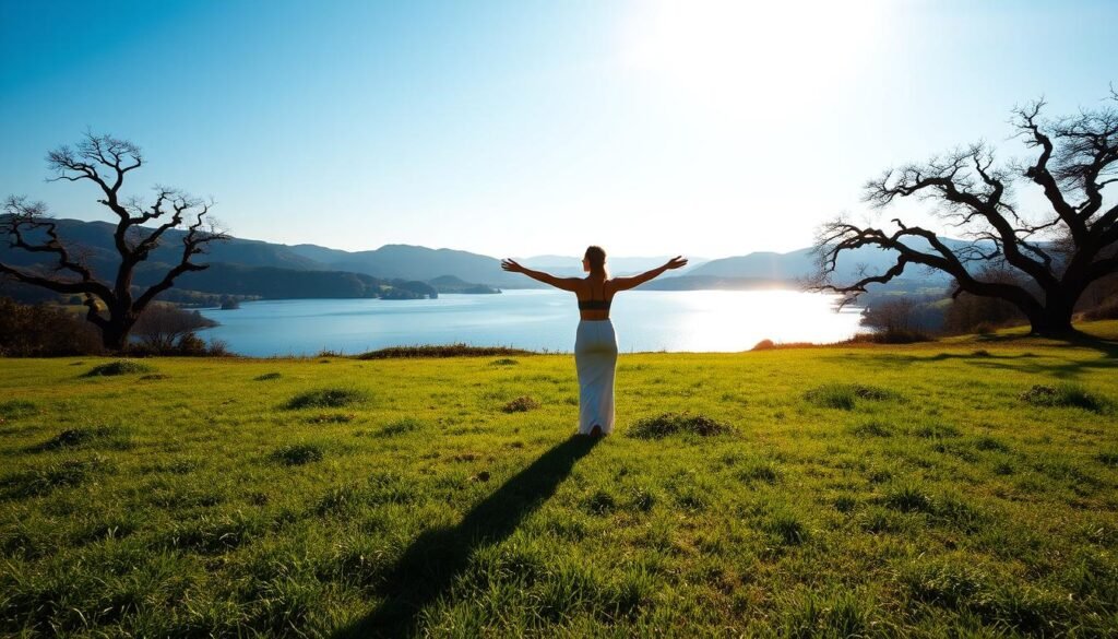 A tranquil, sun-dappled landscape with a lush, verdant meadow in the foreground. In the middle ground, a serene, shimmering lake reflecting the azure sky above. In the background, rolling hills dotted with ancient, gnarled trees. A single, graceful figure stands in the middle of the scene, arms outstretched, basking in the warm, diffused sunlight. The figure's movements are fluid, almost meditative, suggesting a deep connection to the natural world and the importance of hydration and longevity. The overall mood is one of harmony, balance, and a reverence for the cycles of life.