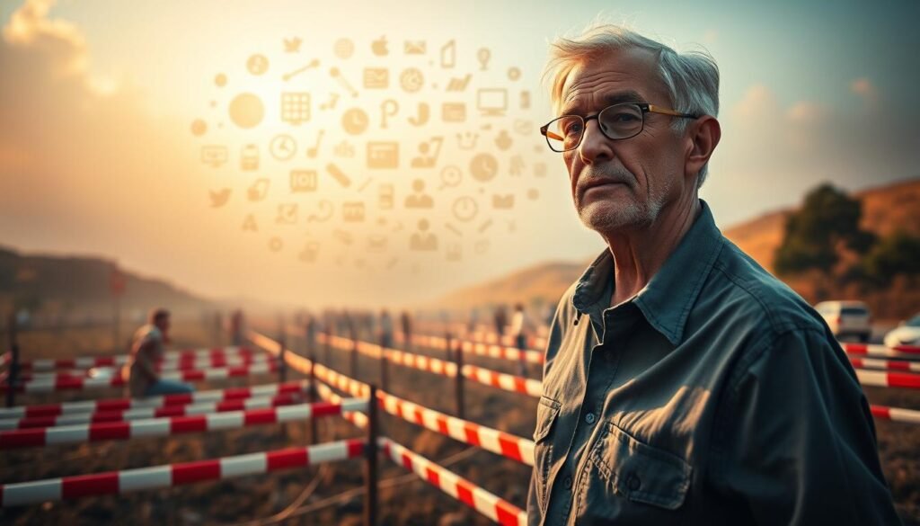 A vibrant and dynamic scene depicting the challenges faced by senior entrepreneurs. In the foreground, a mature individual with a pensive expression navigates a labyrinth of obstacles, representing the complexities of starting a new venture later in life. The middle ground features a kaleidoscope of diverse business icons, symbolizing the diverse skillsets and experiences that senior entrepreneurs bring to the table. The background is a hazy, dreamlike landscape, evoking the sense of uncertainty and determination that characterizes the senior entrepreneurial journey. Warm lighting casts a subtle glow, emphasizing the wisdom and resilience of this demographic. Captured with a wide-angle lens to convey the multifaceted nature of the subject matter. Prompt