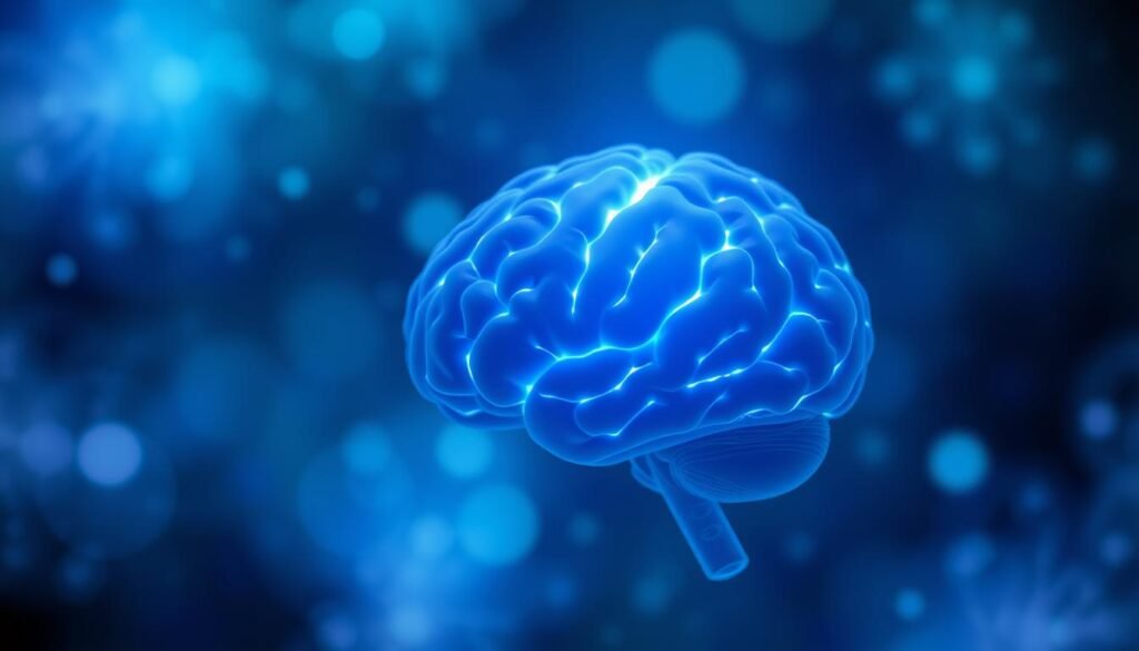 A vibrant, high-resolution image of a human brain in the foreground, glowing with an ethereal blue light, symbolizing healthy cerebral function. The brain is surrounded by a hazy, dreamlike background featuring abstract shapes and patterns in shades of blue, green, and purple, creating a serene and introspective atmosphere. The lighting is soft and diffused, casting a gentle glow on the brain and the surrounding elements. The overall composition conveys a sense of balance, focus, and the interconnectedness of mental well-being and longevity.