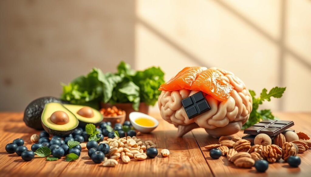 A vibrant, highly detailed image showcasing healthy brain foods. In the foreground, a variety of fresh produce such as blueberries, avocados, leafy greens, and nuts are artfully arranged on a wooden table, bathed in warm, natural lighting. In the middle ground, a brain-shaped dish or platter holds additional superfoods like salmon, eggs, and dark chocolate, symbolizing the nourishment they provide. The background features a serene, minimalist setting with clean lines and earthy tones, creating a calming, meditative atmosphere. The overall composition conveys the idea of a balanced, brain-boosting diet that supports cognitive health and well-being.