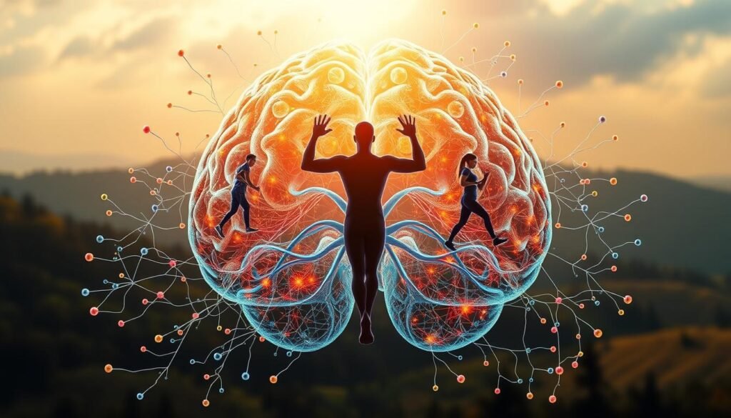 A vibrant neural network diagram set against the backdrop of a dynamic human brain, with a focus on the interplay between the mind and physical exercise. The foreground showcases a stylized visualization of neurotransmitters, synapses, and neural pathways, highlighting the intricate biochemical processes that underlie cognitive function and longevity. The middle ground features a human figure engaged in various fitness activities, their movements seamlessly integrated with the neural imagery. The background sets the scene with a serene, nature-inspired landscape, conveying a sense of balance and harmony between the body and the mind. The lighting is warm and diffused, creating a sense of depth and dimension, while the overall composition and color palette evoke a sense of scientific exploration and discovery.