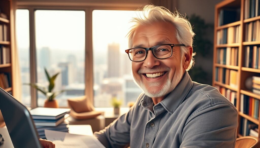 A vibrant portrait of a senior entrepreneur, radiant with purpose and vitality. In the foreground, an experienced individual, their face alight with a warm, confident smile, surrounded by the trappings of their craft - a sleek laptop, a stack of paperwork, and a mug of steaming coffee. The middle ground is a cozy, well-appointed home office, with bookshelves filled with the wisdom of a lifetime. In the background, a window overlooking a bustling city skyline, symbolizing the vast opportunities that lie ahead. Soft, directional lighting casts a golden glow, evoking a sense of fulfillment and inner peace. This image conveys the profound impact of senior entrepreneurship on well-being, where passion, resilience, and a lifetime of knowledge converge to create a truly empowered and productive chapter of life.
