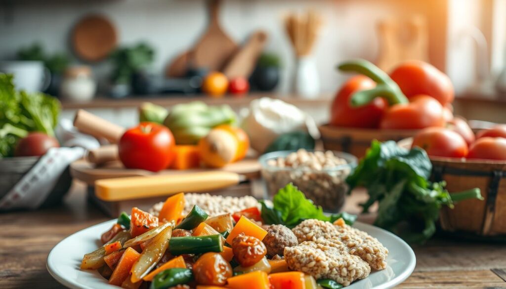 A vibrant still-life of a healthy meal for the elderly, captured in warm, natural lighting. In the foreground, a plate features a balanced selection of nutrient-rich foods - sautéed vegetables, a lean protein, and a whole grain side. The mid-ground showcases a variety of fresh, seasonal produce arranged artfully, conveying the abundance of nourishing options. In the background, a cozy, inviting kitchen setting with soft, earthy tones creates a comforting atmosphere. The scene radiates an air of care, wellness, and mindful meal planning to support the vitality of aging individuals.