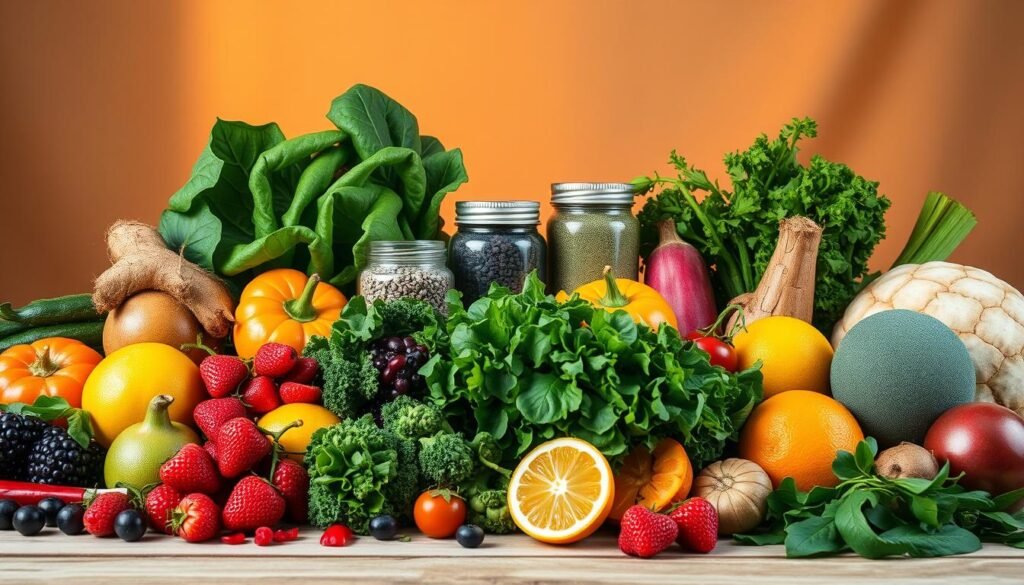 A vibrant still life showcasing the key elements of longevity nutrition. In the foreground, an assortment of fresh, colorful fruits and vegetables - leafy greens, berries, citrus, and root vegetables - arranged with thoughtful artistry. In the middle ground, jars of nutrient-rich superfoods like chia seeds, goji berries, and spirulina powder. The background features a serene, minimalist backdrop, perhaps a wooden tabletop or natural fabric, illuminated by warm, diffuse lighting that casts gentle shadows, creating a sense of depth and atmosphere. The overall composition conveys a message of vitality, balance, and the power of whole, plant-based foods to support longevity and productive living.