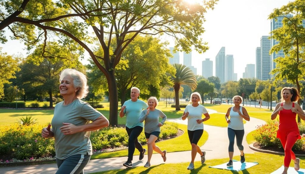 A vibrant, well-lit scene depicting the benefits of productive longevity for health. In the foreground, a group of active older adults engaging in various fitness activities - jogging, strength training, yoga. Their faces are radiant with energy and vitality. In the middle ground, a lush, verdant park setting with trees, flowers, and a winding path. Sunlight filters through the leaves, casting a warm glow. In the background, a modern cityscape with sleek high-rises and bustling streets, symbolizing the integration of productive longevity into a thriving urban environment. The overall mood is one of health, wellness, and the empowerment that comes with an extended period of productivity and engagement in later life.