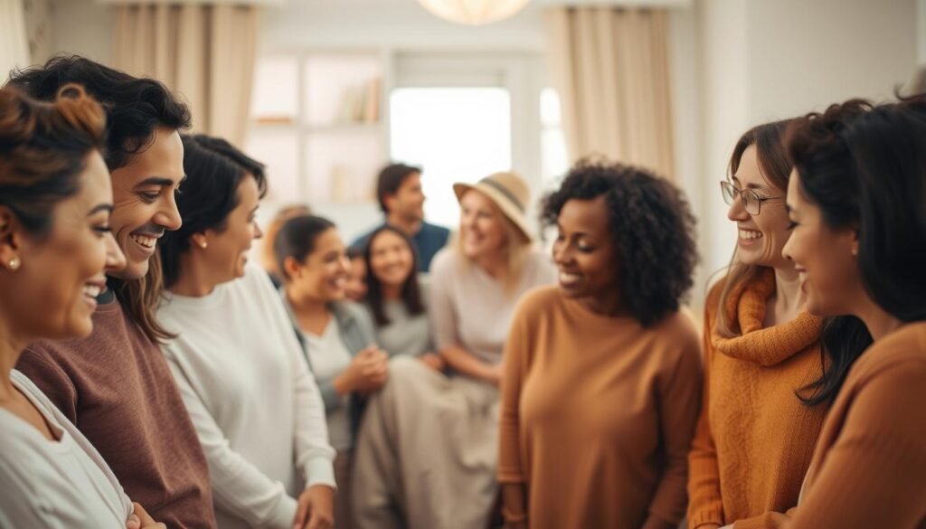 A warm, inviting scene of a supportive social network, with a group of diverse individuals gathered together in a cozy, well-lit indoor setting. The foreground features a central figure, surrounded by a circle of attentive, friendly faces, their expressions conveying empathy, care, and a sense of community. In the middle ground, smaller groupings of people engage in animated conversation, gesturing and sharing laughter. The background softly fades into a serene, neutral-toned interior, with subtle details that suggest a comfortable, nurturing environment. The overall atmosphere evokes a strong sense of connection, belonging, and the importance of social support for well-being and longevity.