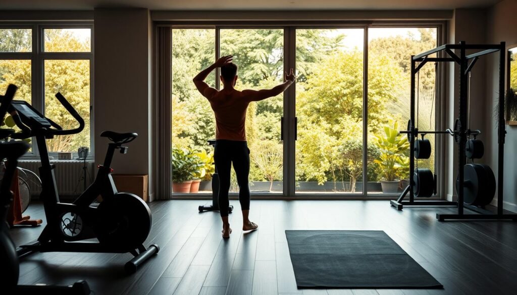 A well-lit, spacious home gym with an expansive window overlooking a lush, verdant garden. In the foreground, a person performing a series of dynamic stretches, their movements fluid and graceful. Surrounding them, an array of state-of-the-art exercise equipment, including a stationary bike, a weight rack, and a yoga mat. The overall atmosphere is one of serenity and focus, with warm, natural lighting casting a soft glow over the scene. The intention is to convey a sense of balance, wellness, and a holistic approach to physical and mental well-being.