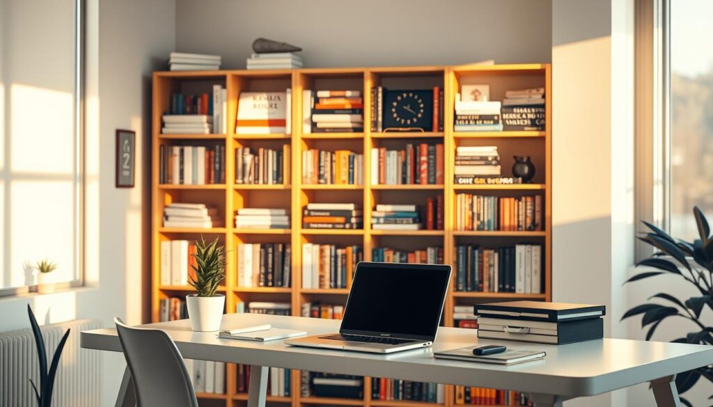 A well-organized office space with a minimalist desk, a potted plant, and a laptop computer on it. Warm, natural lighting streams in through a large window, casting a cozy glow across the scene. In the background, a bookshelf filled with various productivity-related books and resources. The overall atmosphere conveys a sense of focus, efficiency, and personal organization, reflecting the "Estratégias de Produtividade" concept. The image should inspire a feeling of thoughtful productivity and a well-structured work environment.