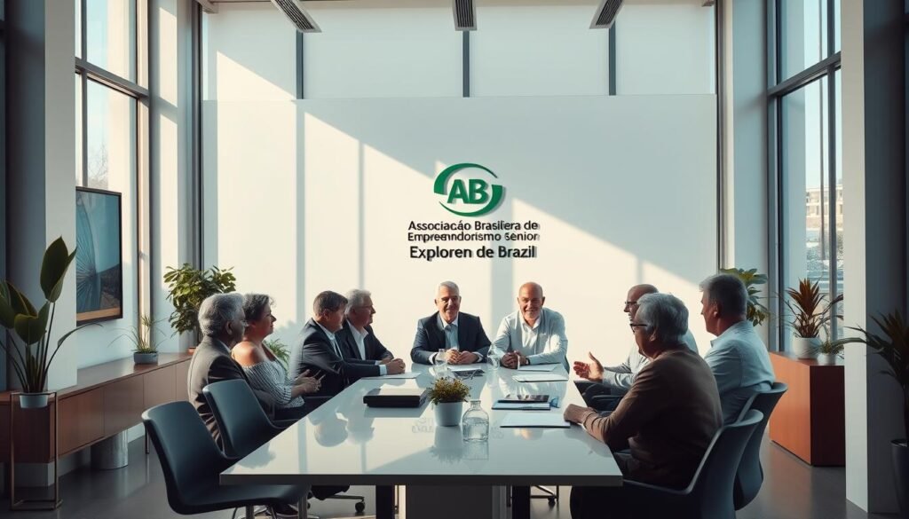 Elegant, modern office interior with minimalist design. Large windows flood the space with natural light, casting a warm glow on a group of senior entrepreneurs engaged in a lively discussion around a sleek conference table. The room is accented with potted plants, modern art pieces, and a corporate logo prominently displayed on the back wall, representing the Associação Brasileira de Empreendedorismo Sênior. The group exudes an air of professionalism, experience, and a shared passion for nurturing the next generation of businesses. The scene conveys a sense of collaboration, innovation, and the commitment to supporting senior entrepreneurship in Brazil.