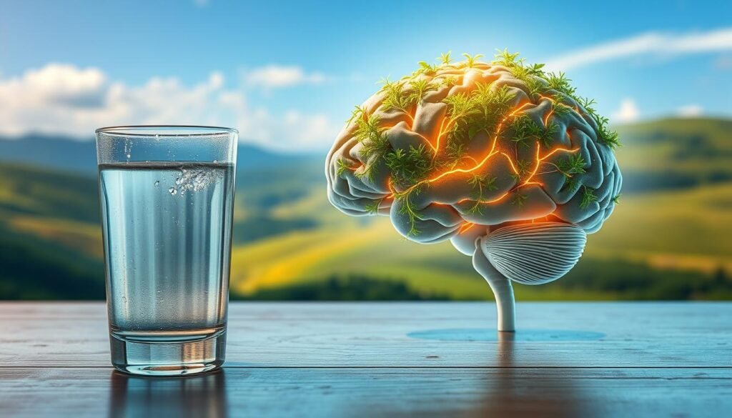 Prompt A serene, well-lit scene depicting the importance of hydration for brain health. In the foreground, a glass of clear, refreshing water sits on a wooden table, condensation glistening on the surface. The middle ground features a lush, verdant brain, its neural pathways illuminated with a soft, warm glow, symbolizing the nourishing effects of proper hydration. The background showcases a calming, natural landscape, with rolling hills and a vibrant blue sky, conveying a sense of balance and tranquility. The overall mood is one of clarity, focus, and the harmonious relationship between the body and the mind.