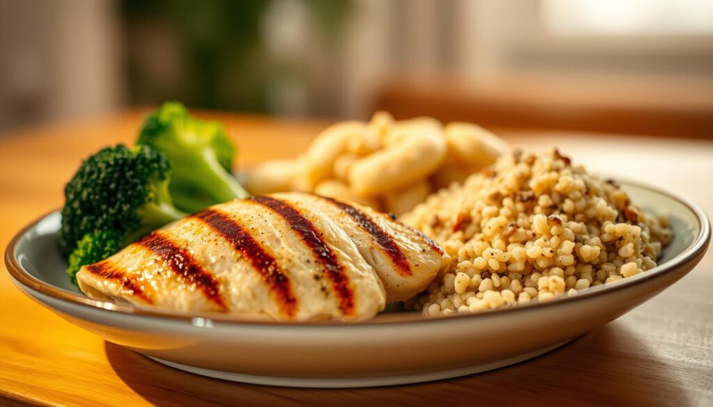 Protein-rich meal for the elderly: a plate filled with grilled chicken, steamed broccoli, and a side of quinoa, illuminated by soft, warm lighting that casts a cozy, comforting atmosphere. The foreground features the nutritious ingredients, with the middle ground showcasing the balanced proportions of the dish, and the background gently blurred, emphasizing the focus on the healthy, protein-packed meal. Captured with a medium focal length lens, the image conveys the importance of a protein-rich diet for older adults, supporting their energy, productivity, and overall well-being.
