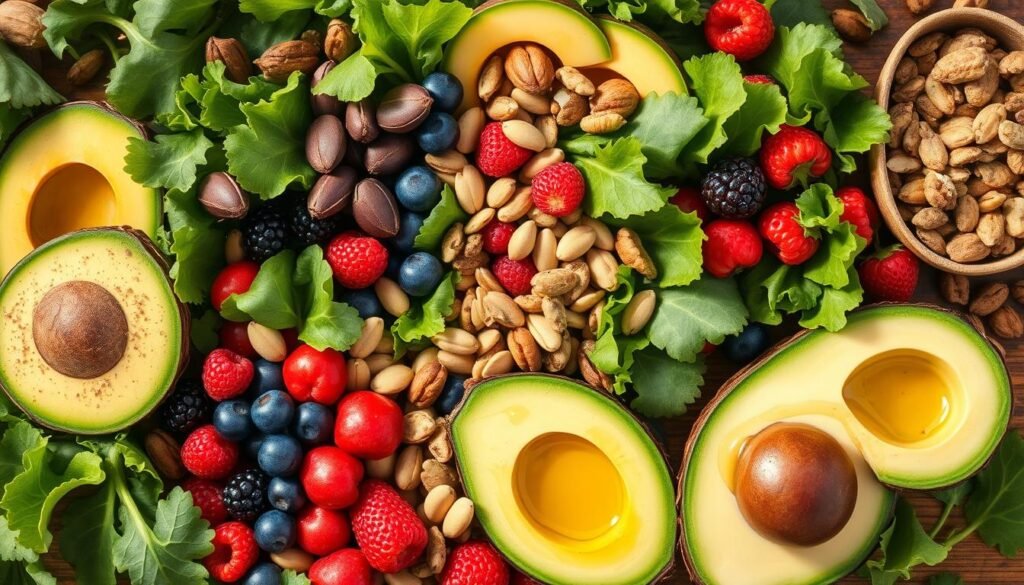 A bountiful spread of vibrant, nutrient-dense whole foods that nourish the brain: a mix of leafy greens, colorful berries, raw nuts and seeds, avocado, and a drizzle of extra virgin olive oil. The scene is bathed in warm, natural lighting, showcasing the foods' lush textures and rich colors. The arrangement is visually appealing and balanced, with a sense of harmony and simplicity. The overall mood is one of health, vitality, and mental clarity - a visual representation of "alimentação saudável para energia cerebral".