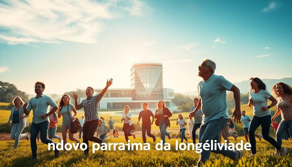 A dynamic, vibrant scene showcasing the "novo paradigma da longevidade". In the foreground, a diverse group of individuals of varying ages engage in active pursuits, radiating energy and vitality. The middle ground depicts a modern, technologically-advanced medical facility, symbolizing the advancements in healthcare and longevity research. In the background, a serene natural landscape with lush greenery and a tranquil, azure sky, conveying a sense of balance and harmony. Soft, diffused lighting illuminates the scene, creating a warm, hopeful atmosphere. The overall composition conveys the idea of an evolved, holistic approach to longevity, where physical, mental, and environmental factors converge to enable a productive, fulfilling life.