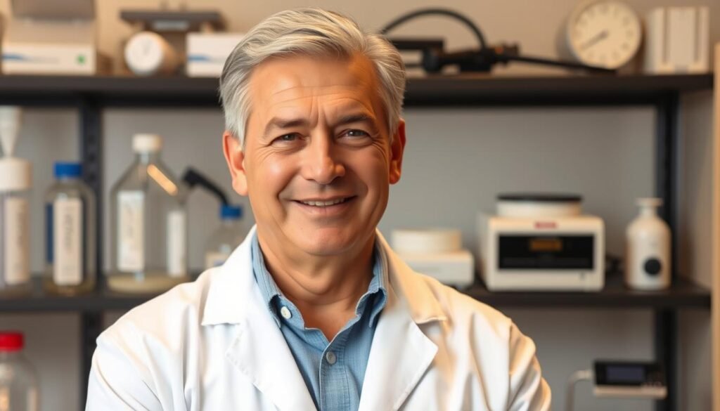 A middle-aged man with a kind, intelligent expression stands against a backdrop of scientific laboratory equipment. He wears a white lab coat, his graying hair neatly combed. The lighting is warm and professional, emphasizing his thoughtful demeanor. His posture conveys an air of expertise and authority, as if he is about to deliver an insightful lecture on the science of active aging. The overall scene evokes a sense of respect for his knowledge and experience in the field of gerontology.