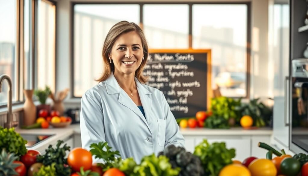 A nutritional expert, Dr. Jô Furlan, stands confidently in a crisp, white lab coat, surrounded by a modern, minimalist kitchen. Vibrant, fresh produce fills the foreground, casting warm, natural light across the scene. In the middle ground, a chalkboard displays a neatly written list of nutrient-rich ingredients, hinting at the insightful strategies Dr. Furlan will share. The background features a softly blurred cityscape, suggesting a connection between urban life and the importance of informed, holistic dietary choices. The overall mood is one of authority, expertise, and a commitment to empowering individuals with practical, science-based nutrition guidance.