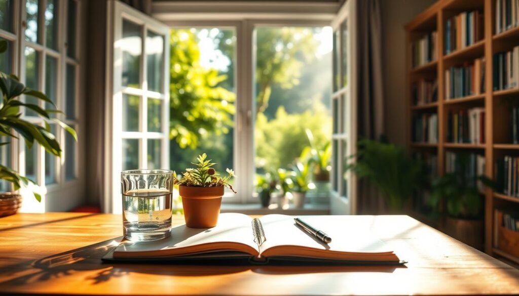 A peaceful, sun-dappled study filled with natural light. In the foreground, a wooden desk with a potted plant and a glass of water. On the desktop, an open notebook and a pen, symbolizing the process of forming habits. In the middle ground, a large window overlooking a lush, verdant garden, representing the flourishing of the mind. The background features bookshelves, reflecting the pursuit of knowledge. Soft, warm lighting illuminates the scene, creating an atmosphere of tranquility and focus. The overall composition conveys the idea of a harmonious environment conducive to the development of healthy brain-boosting habits.