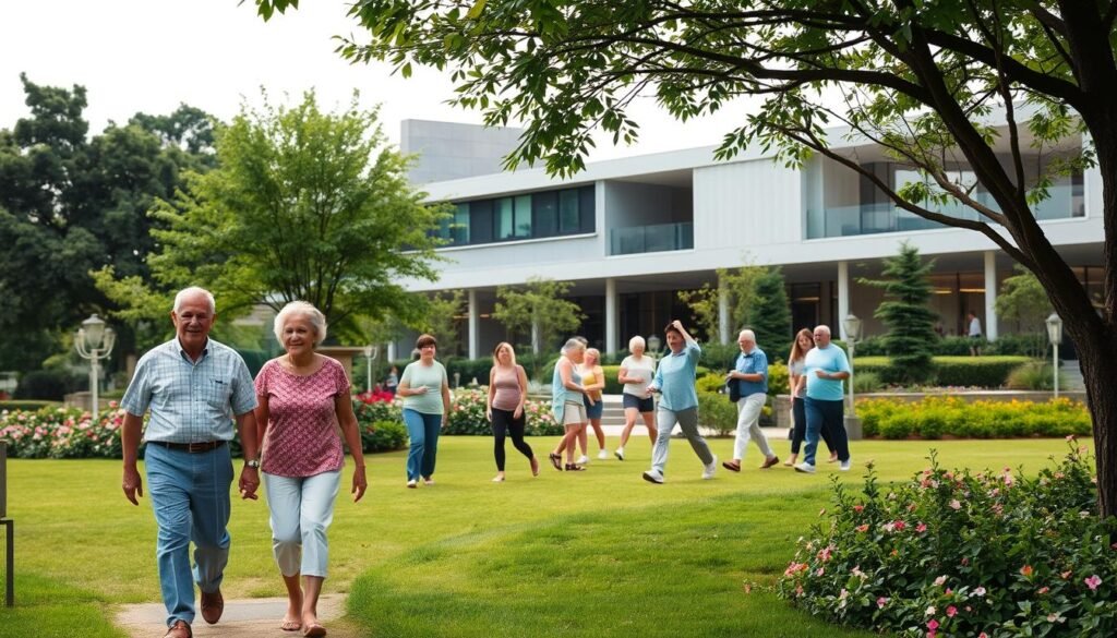 A serene, evenly lit scene depicting the active aging concept as defined by the World Health Organization (WHO). In the foreground, an elderly couple in casual, comfortable attire strolling together through a lush, well-maintained park with verdant trees and flourishing flora. In the middle ground, a group of senior citizens engaged in various physical activities, such as light exercise, walking, or socializing. The background features a modern, accessible public facility with architectural elements that promote inclusivity and accessibility. The overall atmosphere conveys a sense of vitality, well-being, and a commitment to lifelong learning and personal growth.
