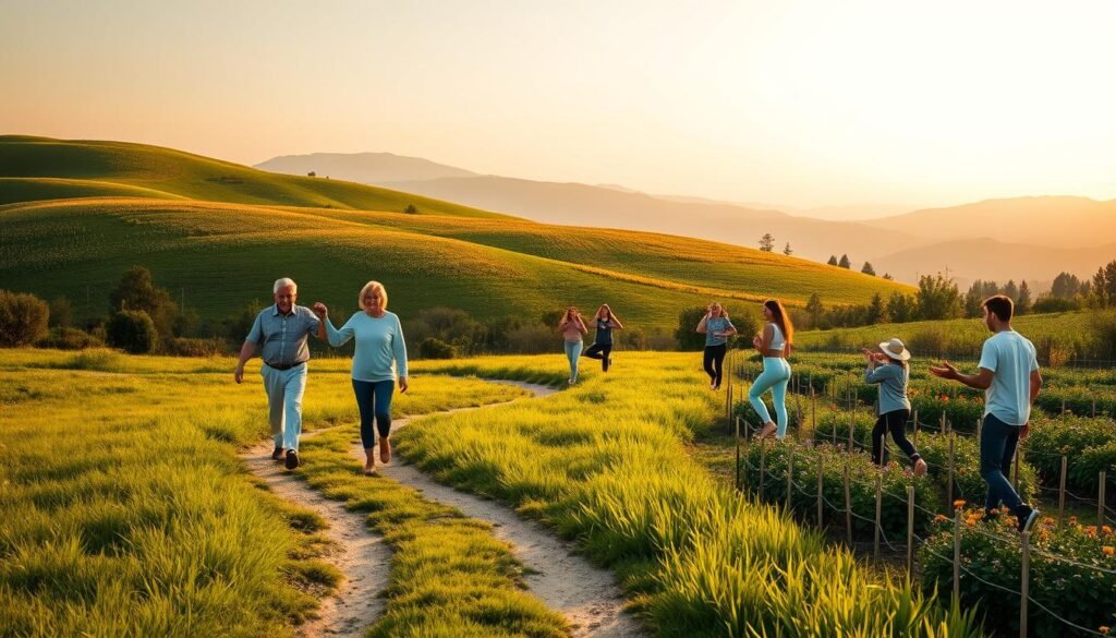 A serene landscape with a winding path leading through a lush, verdant meadow. In the foreground, a group of people engage in various activities that promote longevity: a elderly couple walking hand-in-hand, a group of friends practicing yoga, and a family tending to a thriving garden. The middle ground features a rolling hills dotted with vibrant wildflowers, while the background showcases a distant mountain range bathed in warm, golden light. The scene conveys a sense of harmony, balance, and the positive impact that a healthy lifestyle can have on one's lifespan.