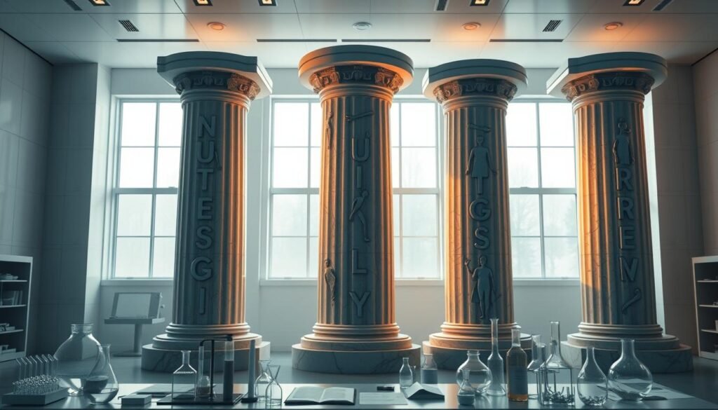 A serene, softly-lit laboratory environment with four large, stately pillars representing the scientific foundations of longevity: nutrition, exercise, stress management, and sleep optimization. The pillars are made of gleaming marble, each adorned with intricate carvings symbolizing the key elements of each domain. Diffused lighting from large windows casts a warm, contemplative glow, inviting the viewer to reflect on the interconnected nature of these core lifestyle factors. In the foreground, scientific instruments, charts, and glassware subtly convey the rigorous, evidence-based nature of this field of study. An atmosphere of scholarly discovery and pursuit of extended healthspan permeates the scene.