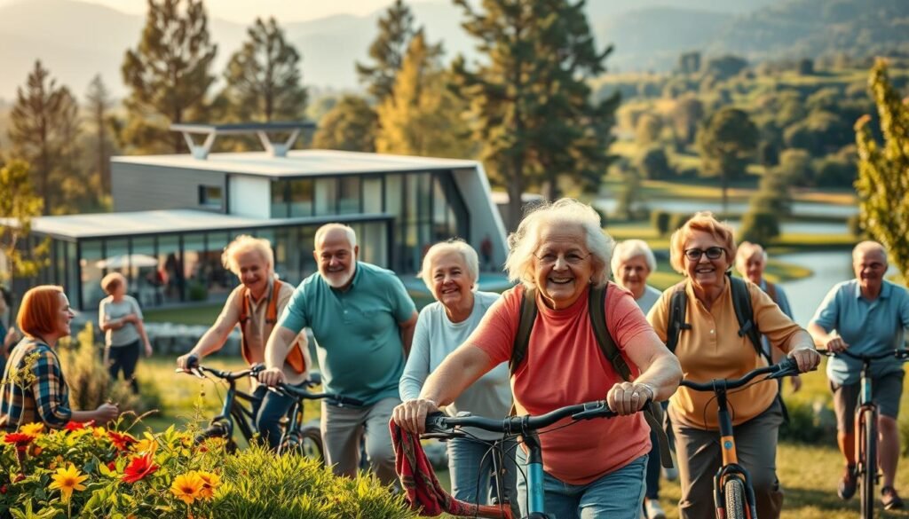 A vibrant, dynamic scene depicting the concept of "longevidade produtiva". In the foreground, a group of active, energetic older adults engaged in various pursuits - gardening, cycling, hiking, and socializing. Their faces radiate a sense of purpose, joy, and vitality. The middle ground showcases a modern, well-equipped community center with a state-of-the-art gym, yoga studio, and communal areas. In the background, a lush, verdant landscape with towering trees and a picturesque lake, symbolizing the natural environment that supports a healthy, active lifestyle. Warm, diffused lighting casts a soft glow, creating an inviting, uplifting ambiance. The overall composition conveys the idea of longevity, productivity, and a fulfilling, multifaceted approach to aging.
