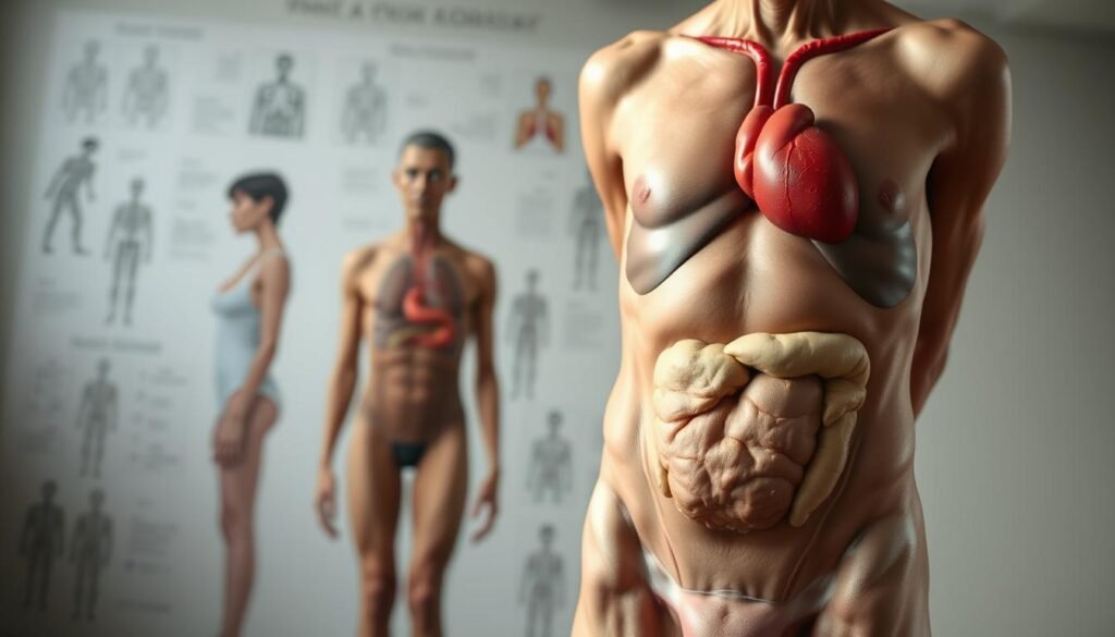 Detailed physiological changes in the human body after 50 years of age. Realistic, scientifically-accurate depiction showcasing the natural aging process. Foreground shows cross-section of the torso highlighting key organ systems - cardiovascular, respiratory, digestive, musculoskeletal. Middle ground depicts external changes like skin, hair, and posture. Background features a muted, clinical color palette with subtle medical illustrations. Diffused lighting casts a somber, introspective mood. Angles provide an informative, educational perspective without sensationalism. The image aims to educate and empower the viewer about the natural aging process.
